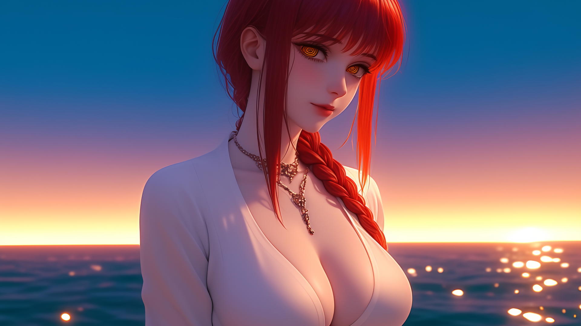 Makima from Chainsaw Man resting at sea during a romantic sunset with a neon pink sky.
