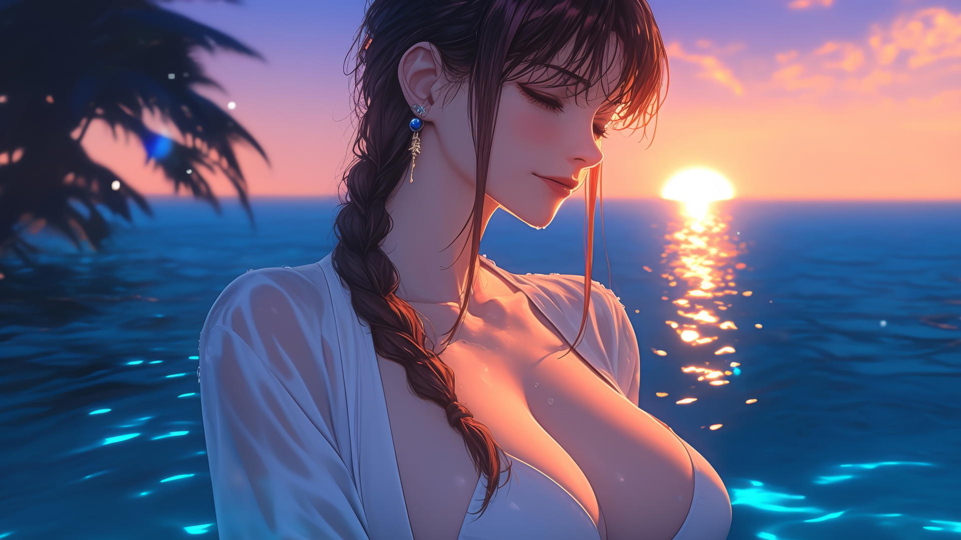 Makima from Chainsaw Man resting at sea during a romantic sunset with neon pink sky.