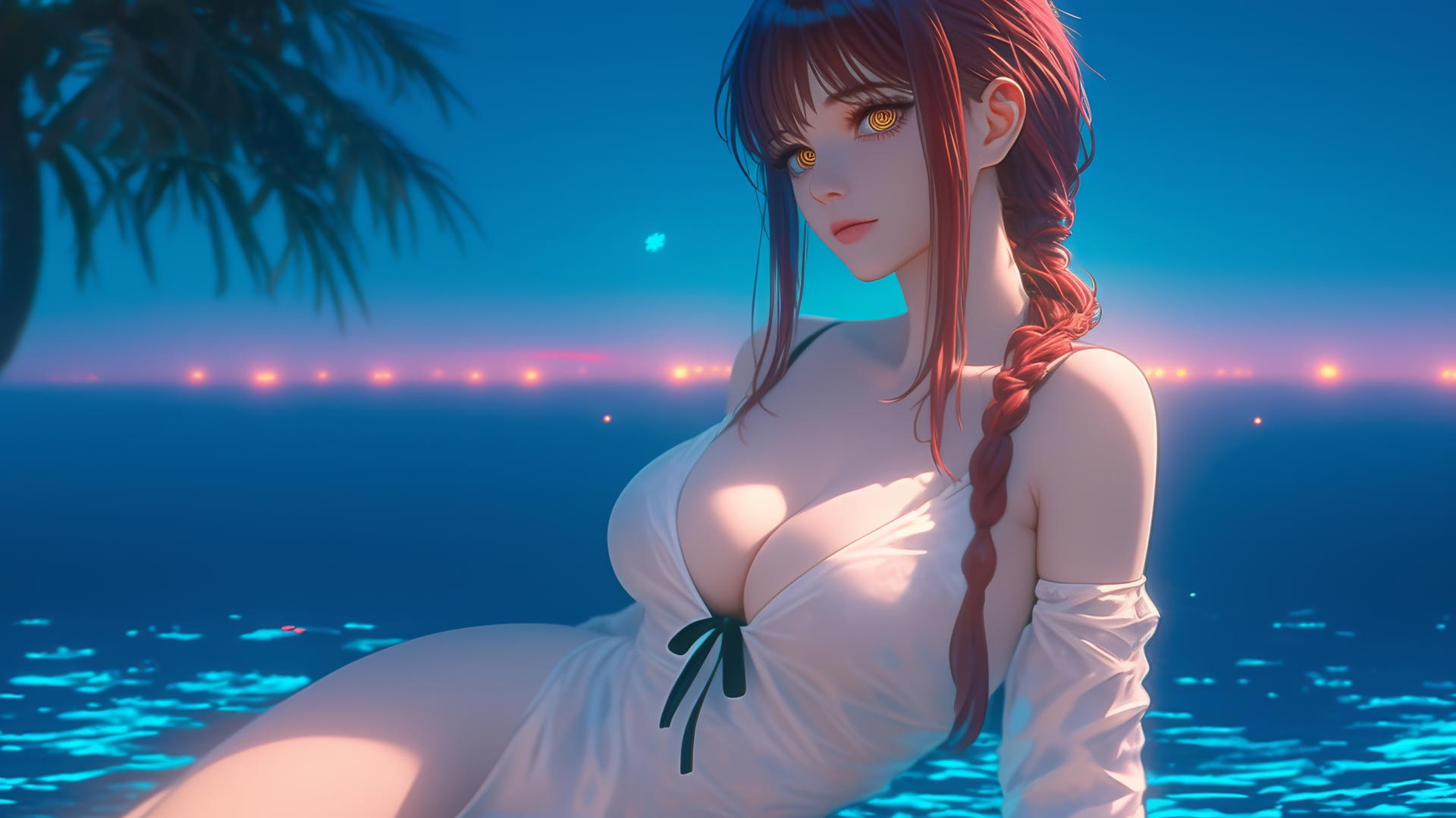 Makima from Chainsaw Man rests at sea during a neon pink sunset