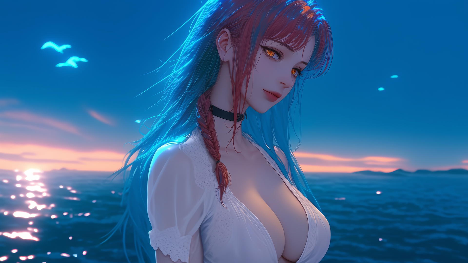 Makima from Chainsaw Man resting at sea during a romantic neon sunset