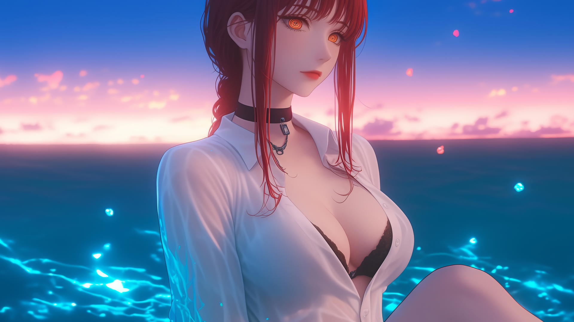 Makima from Chainsaw Man resting at sea during a neon pink sunset