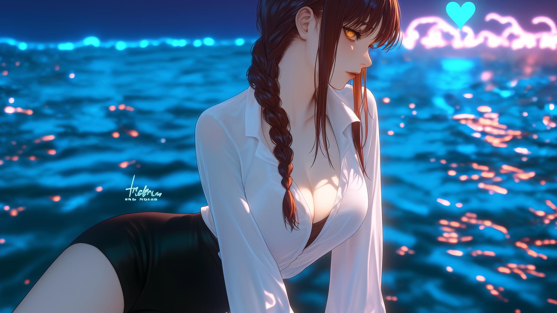 Makima from Chainsaw Man resting at sea during a neon pink sunset with a soft glow.