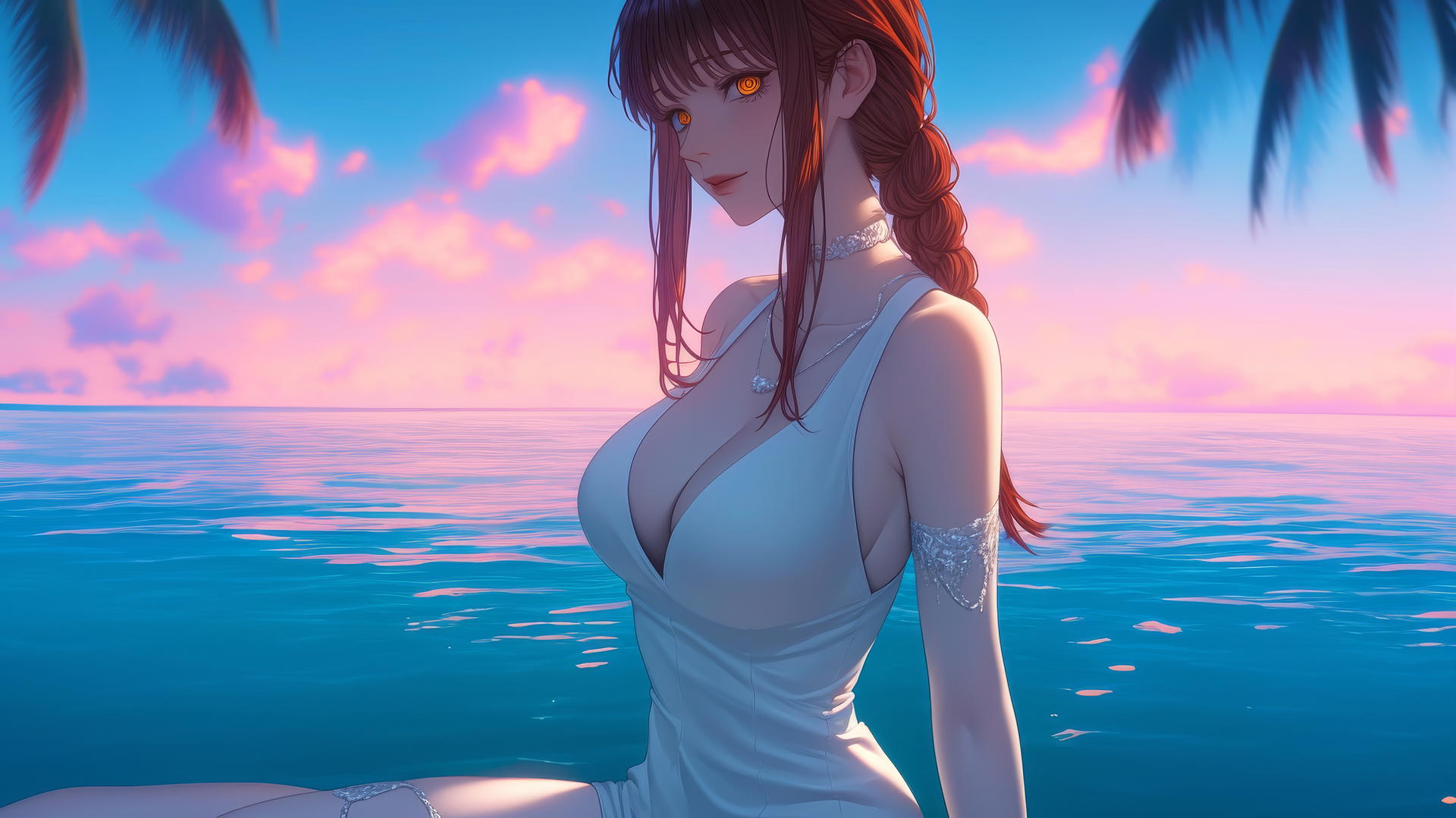 Makima from Chainsaw Man resting at sea during a romantic neon pink sunset