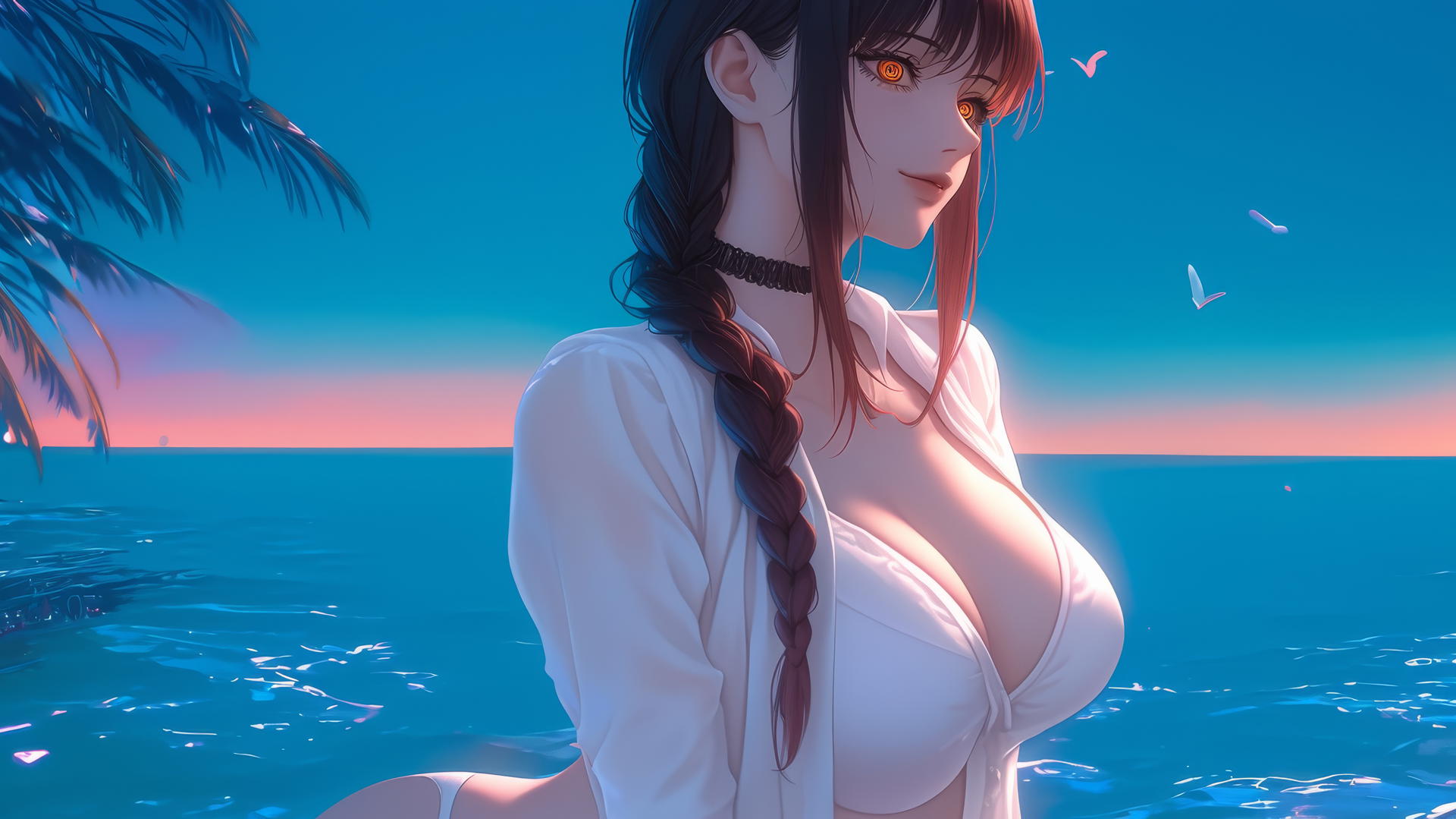 Makima from Chainsaw Man resting at sea during a neon pink romantic sunset.