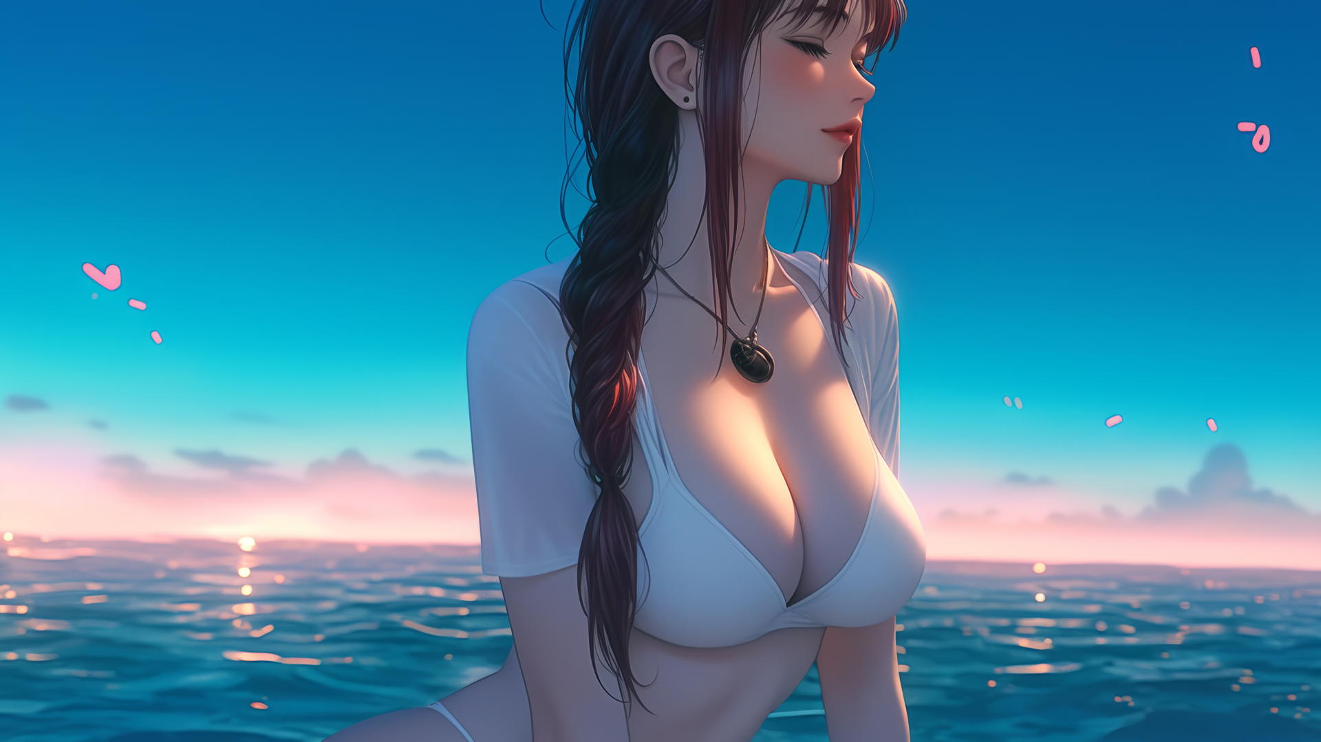 Makima from Chainsaw Man resting at sea during romantic neon pink sunset