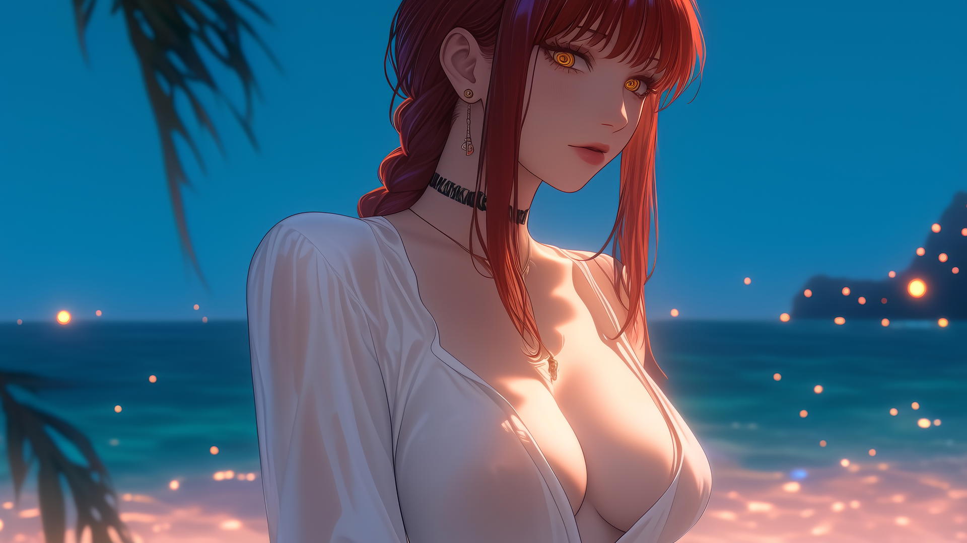 Makima from Chainsaw Man resting at sea during romantic neon pink sunset