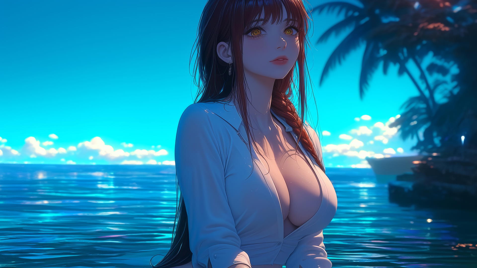 Makima from Chainsaw Man resting at sea during a romantic neon pink sunset.