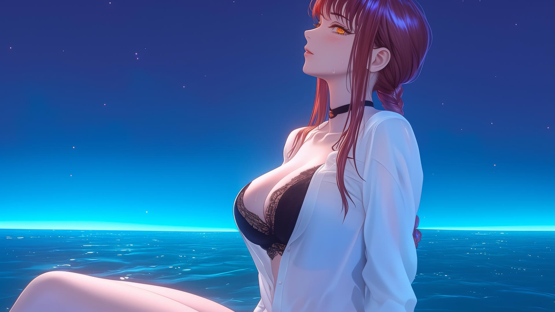 Makima from Chainsaw Man resting at sea during a romantic sunset with a neon pink sky.