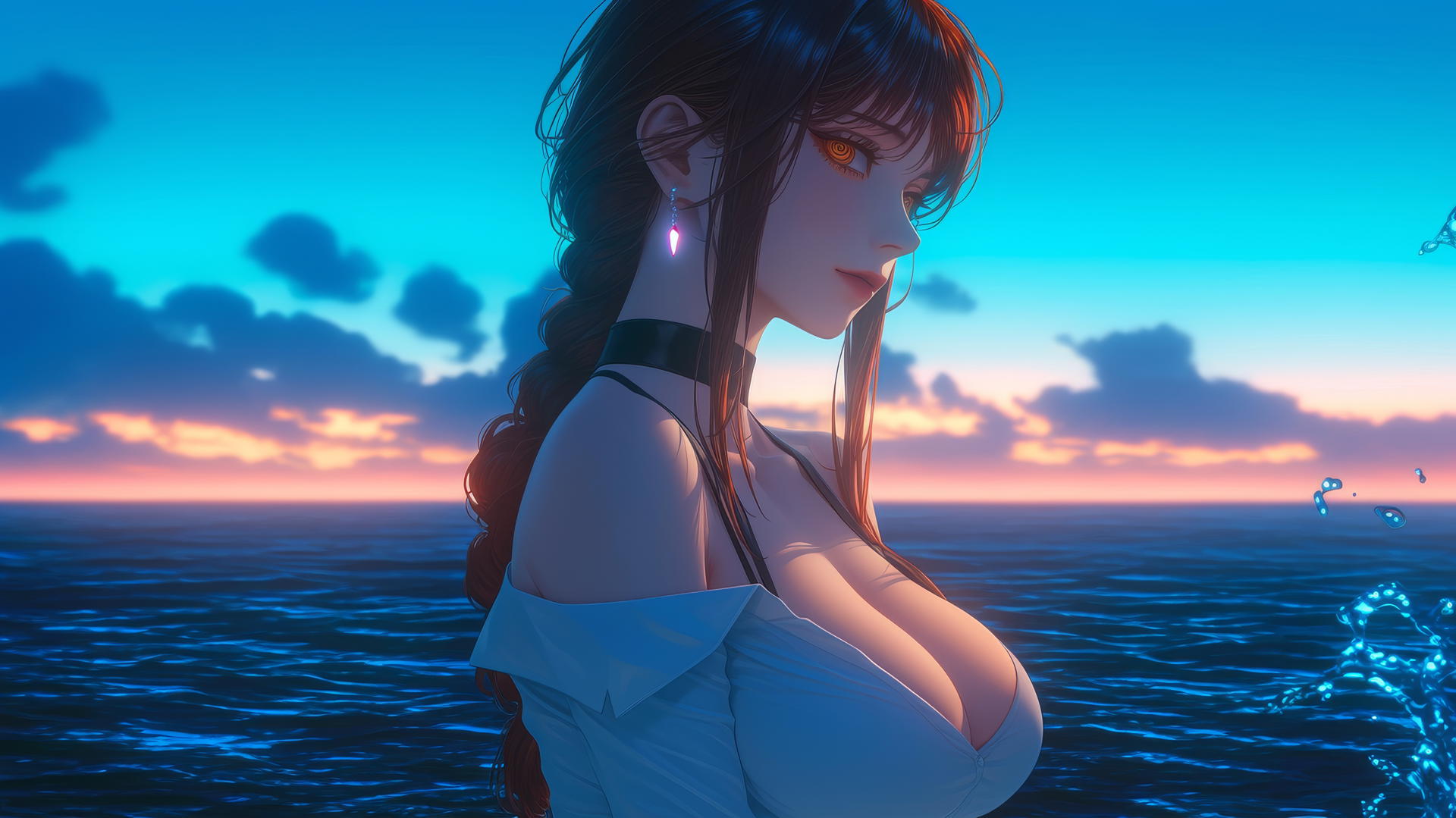 Makima from Chainsaw Man resting at sea during a romantic neon pink sunset.