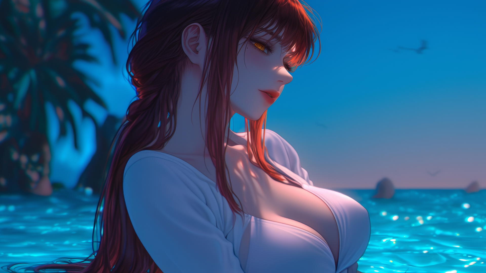Makima from Chainsaw Man resting at sea during a romantic neon pink sunset with soft neon light glow.