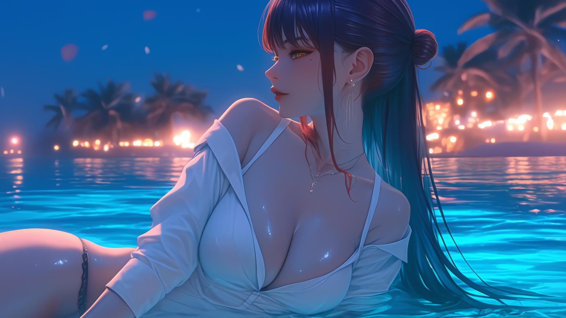 Makima from Chainsaw Man resting at sea during a romantic neon-pink sunset.