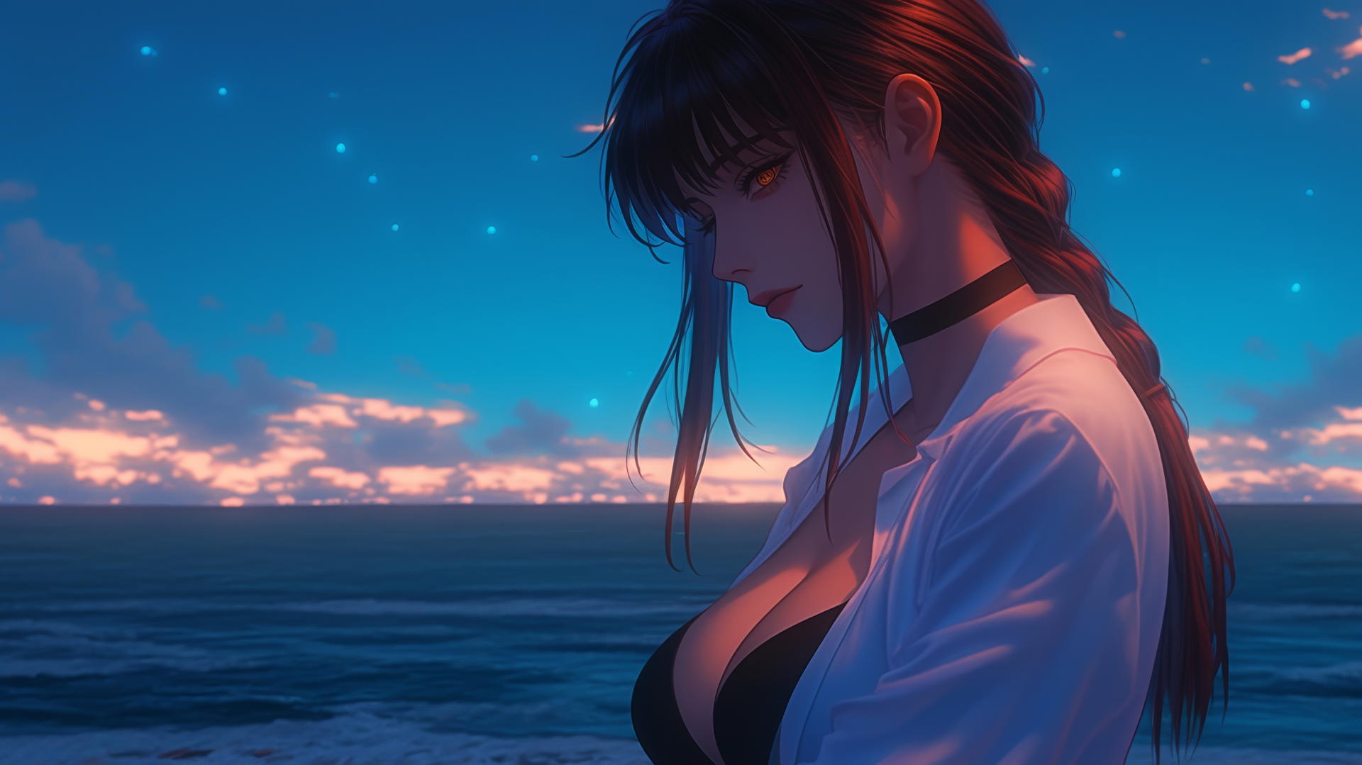 Makima from Chainsaw Man resting at sea during a romantic neon pink sunset.