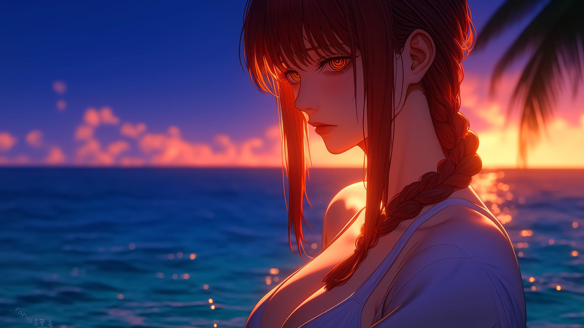 Makima from Chainsaw Man resting at sea during a romantic neon pink sunset