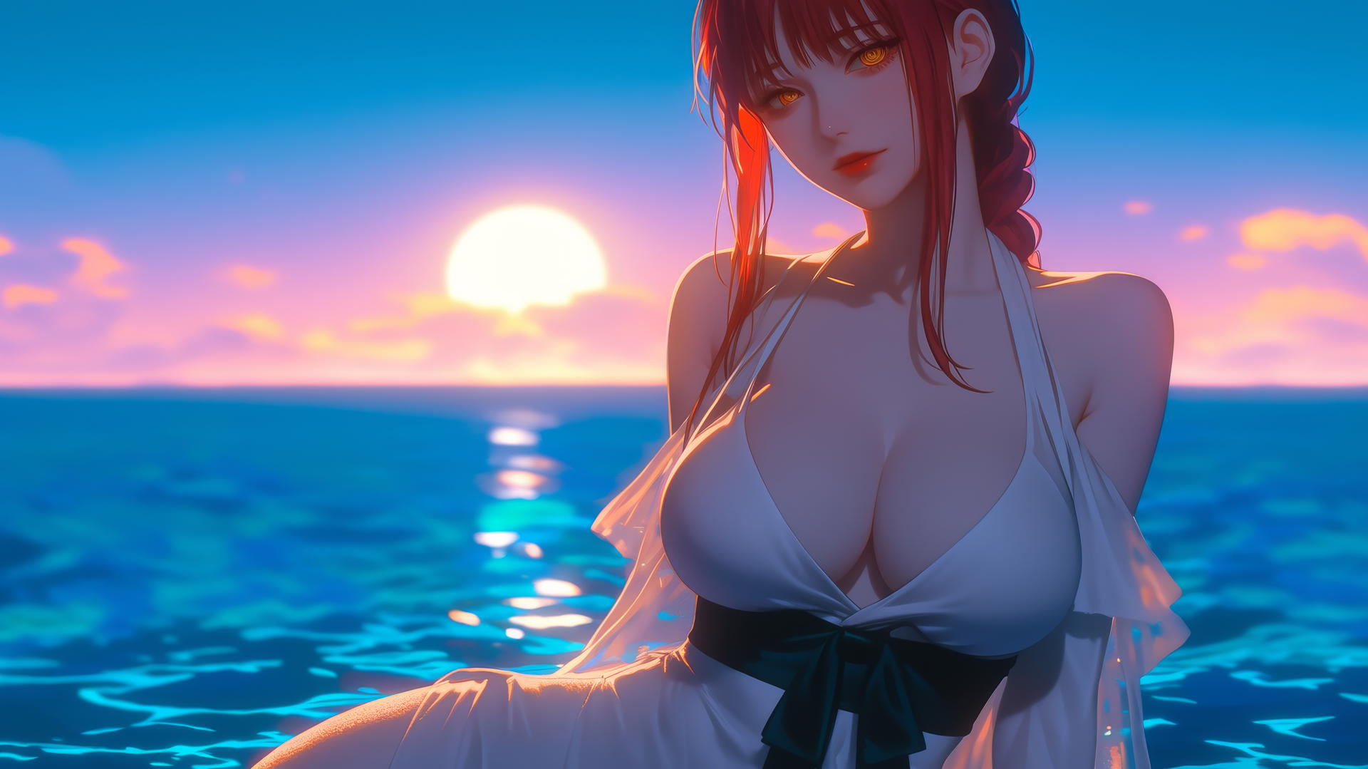 Makima from Chainsaw Man relaxing at sea during romantic neon pink sunset