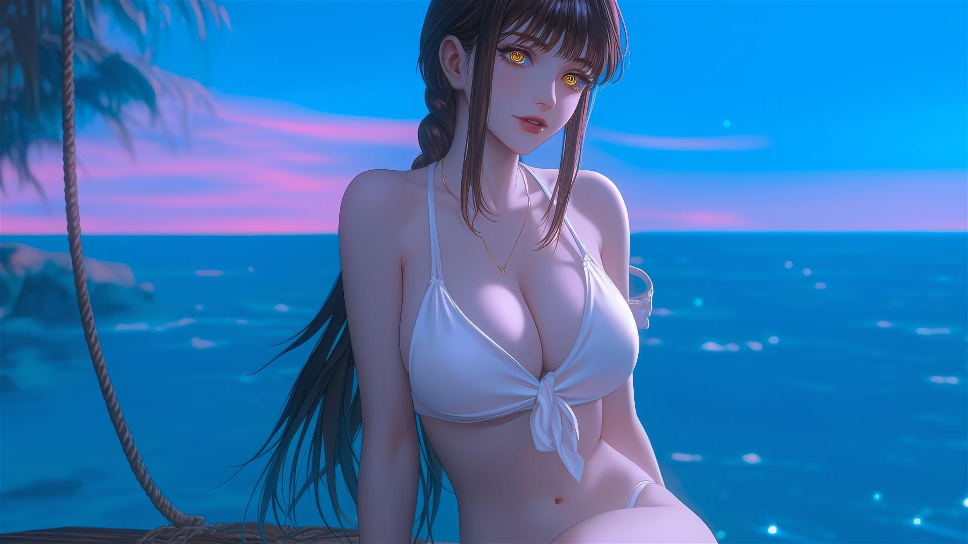 Makima from Chainsaw Man resting at sea during a romantic neon pink sunset.