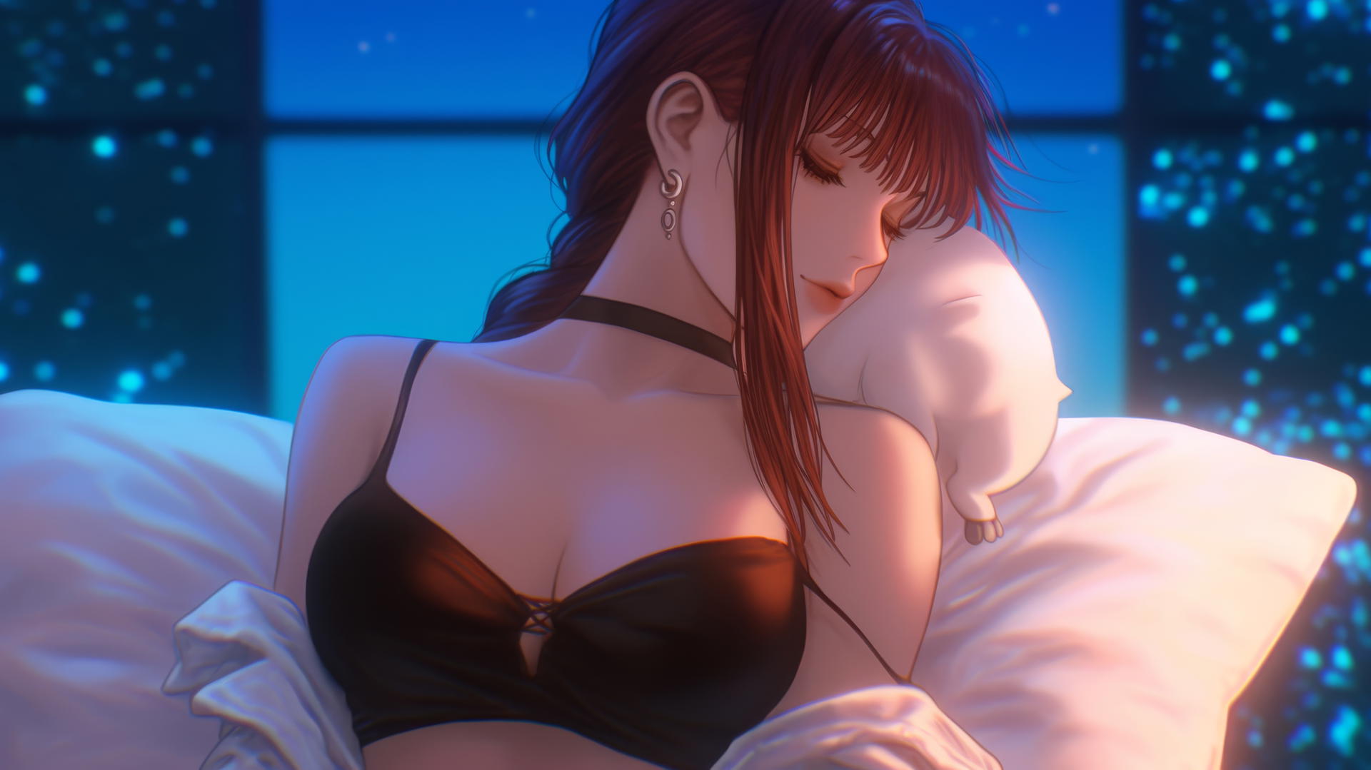 Makima from Chainsaw Man resting at sea during a romantic sunset with a neon pink sky.
