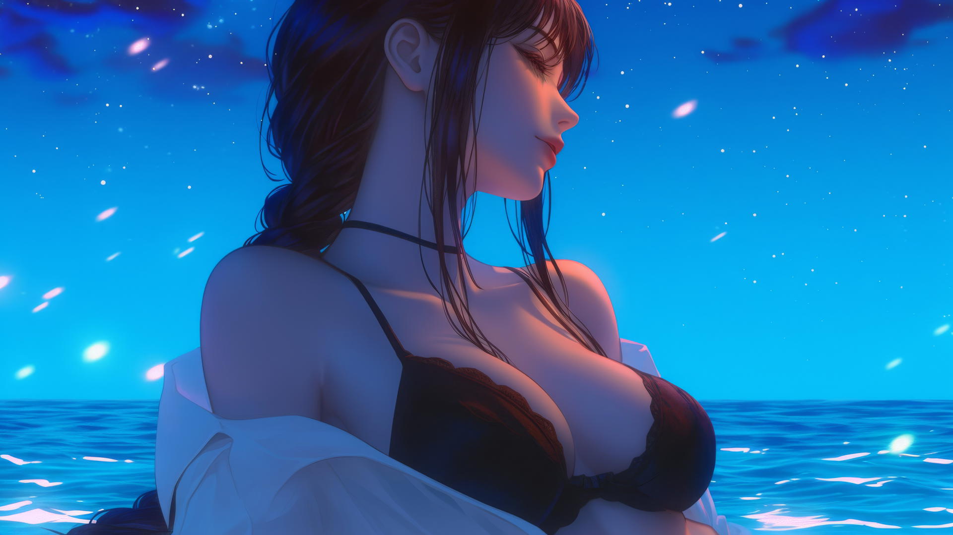 Makima from Chainsaw Man resting at sunset with neon pink sky glowing softly.