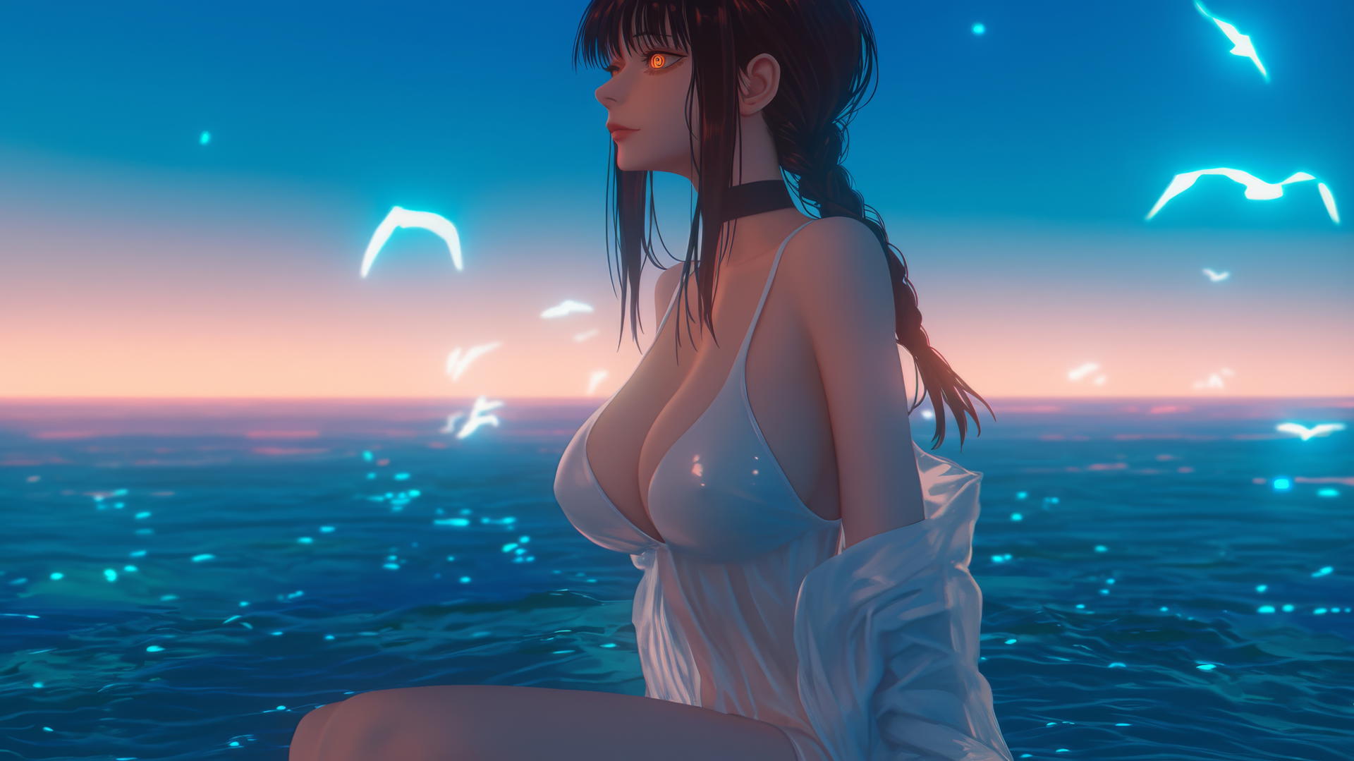 Makima from Chainsaw Man resting at sea during a romantic neon pink sunset.