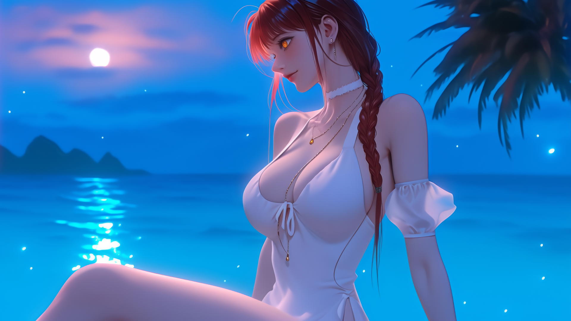 Makima from Chainsaw Man resting at sea during a neon pink sunset.
