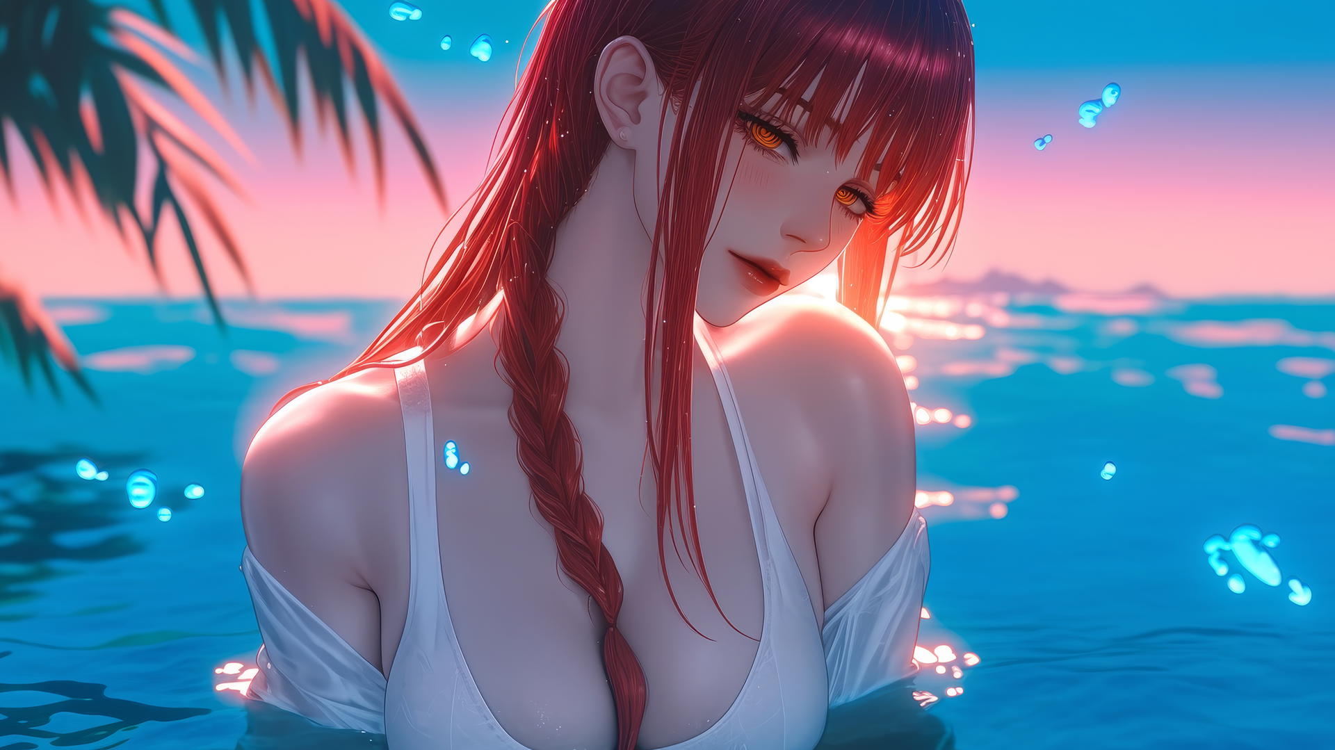 Makima from Chainsaw Man resting at sea during a romantic sunset with neon pink sky.