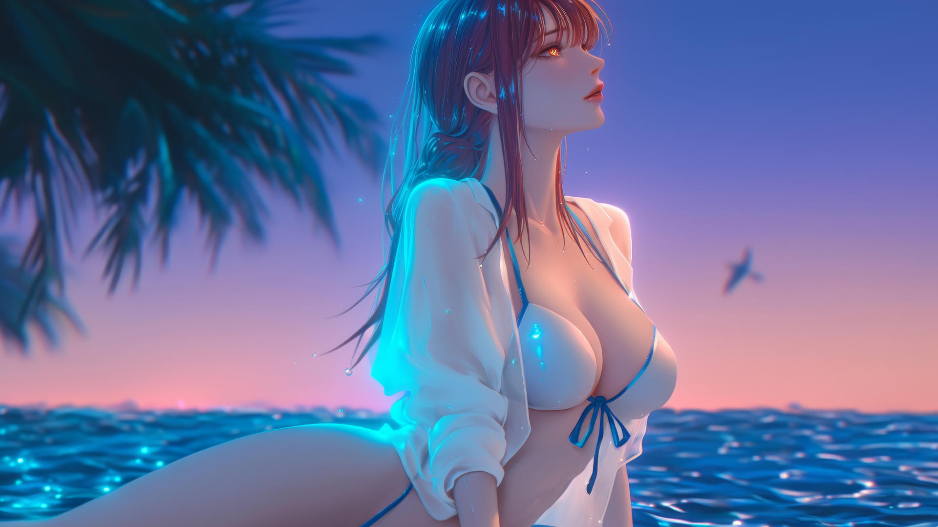 Makima from Chainsaw Man relaxing at sea during neon pink sunset.