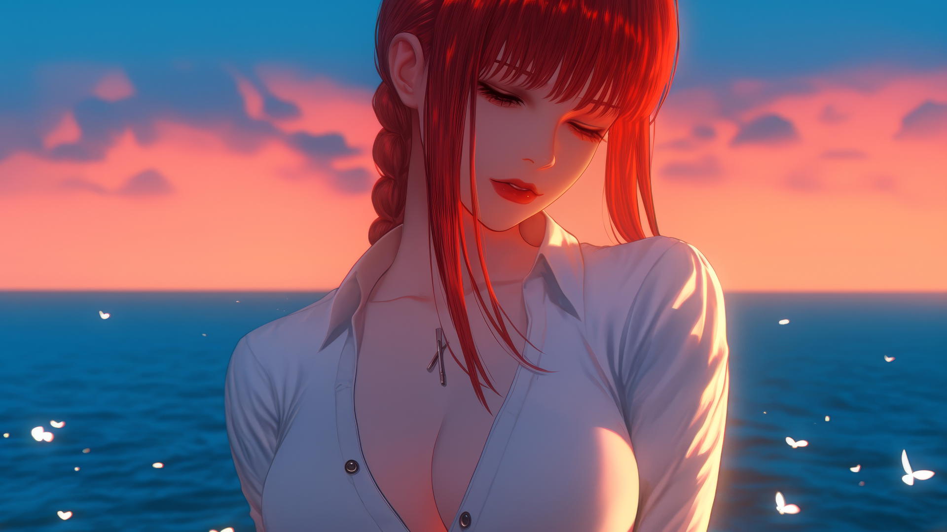 Makima from Chainsaw Man resting at sea during a neon pink sunset with glowing neon light.