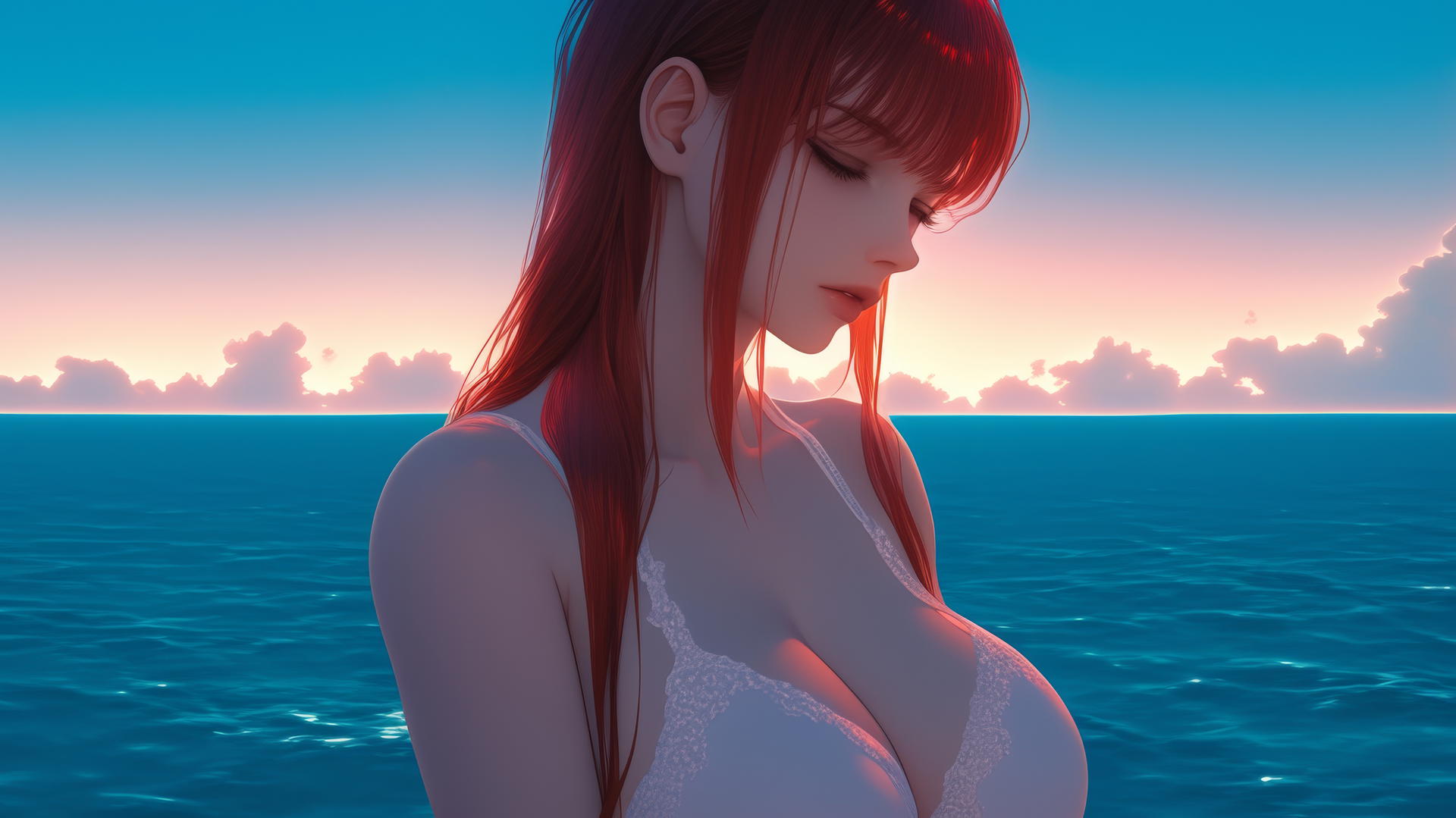 Makima from Chainsaw Man rests at sea during a neon pink sunset