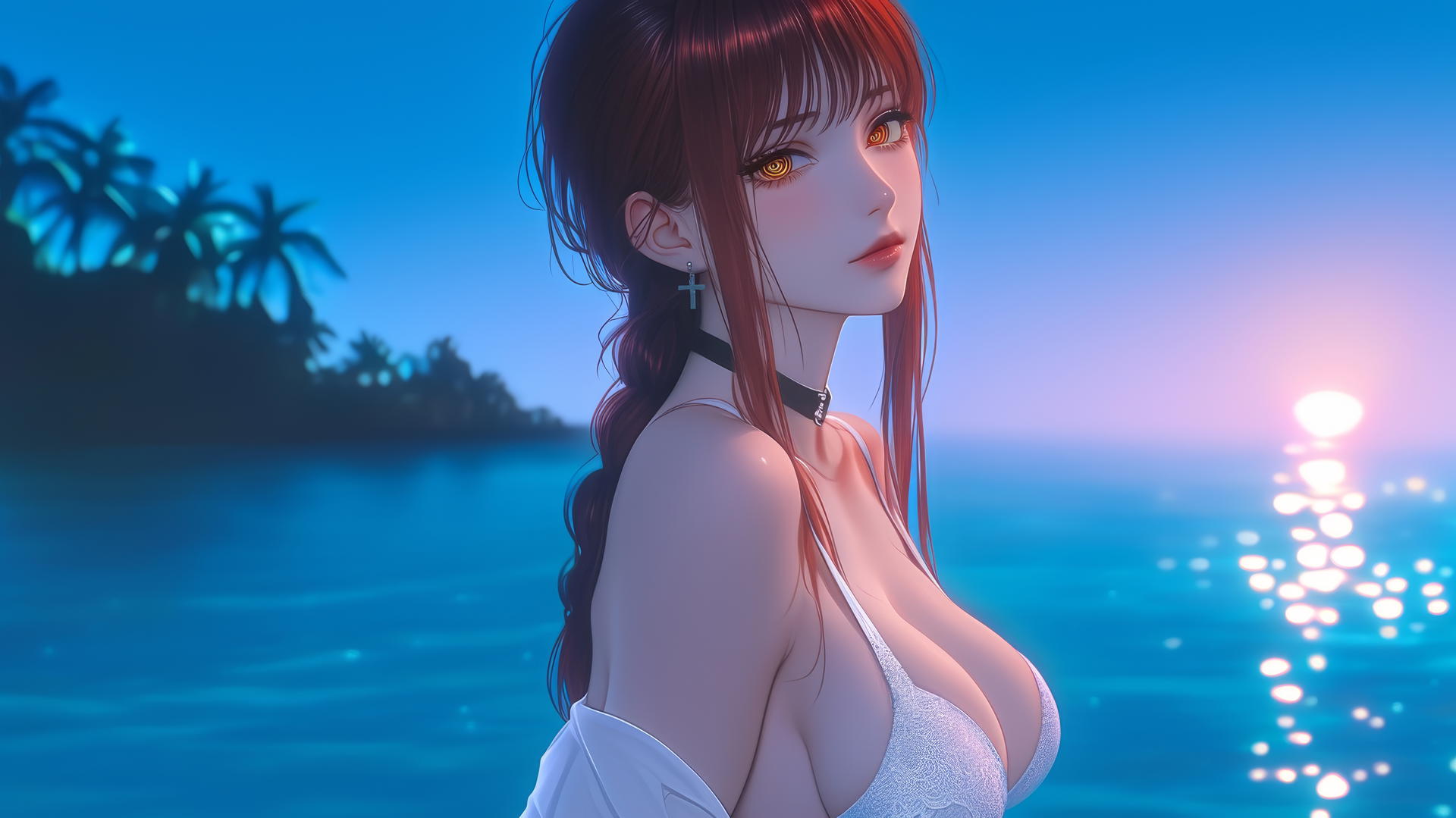 Makima from Chainsaw Man resting at sea during neon pink sunset.