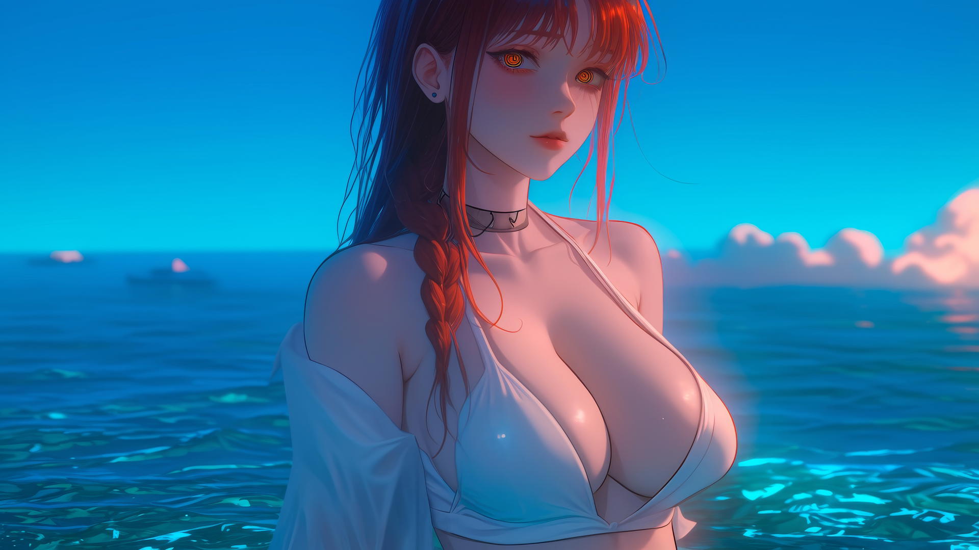 Makima from Chainsaw Man resting at sea during a romantic neon pink sunset