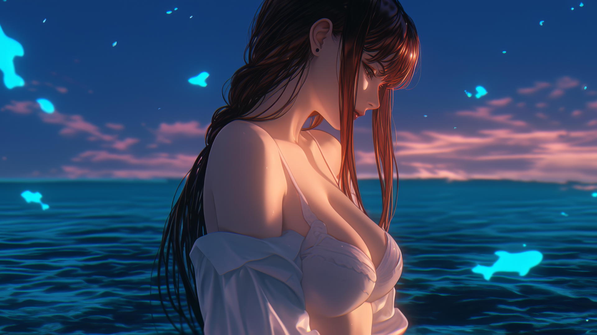 Makima from Chainsaw Man resting at sea during a romantic neon pink sunset