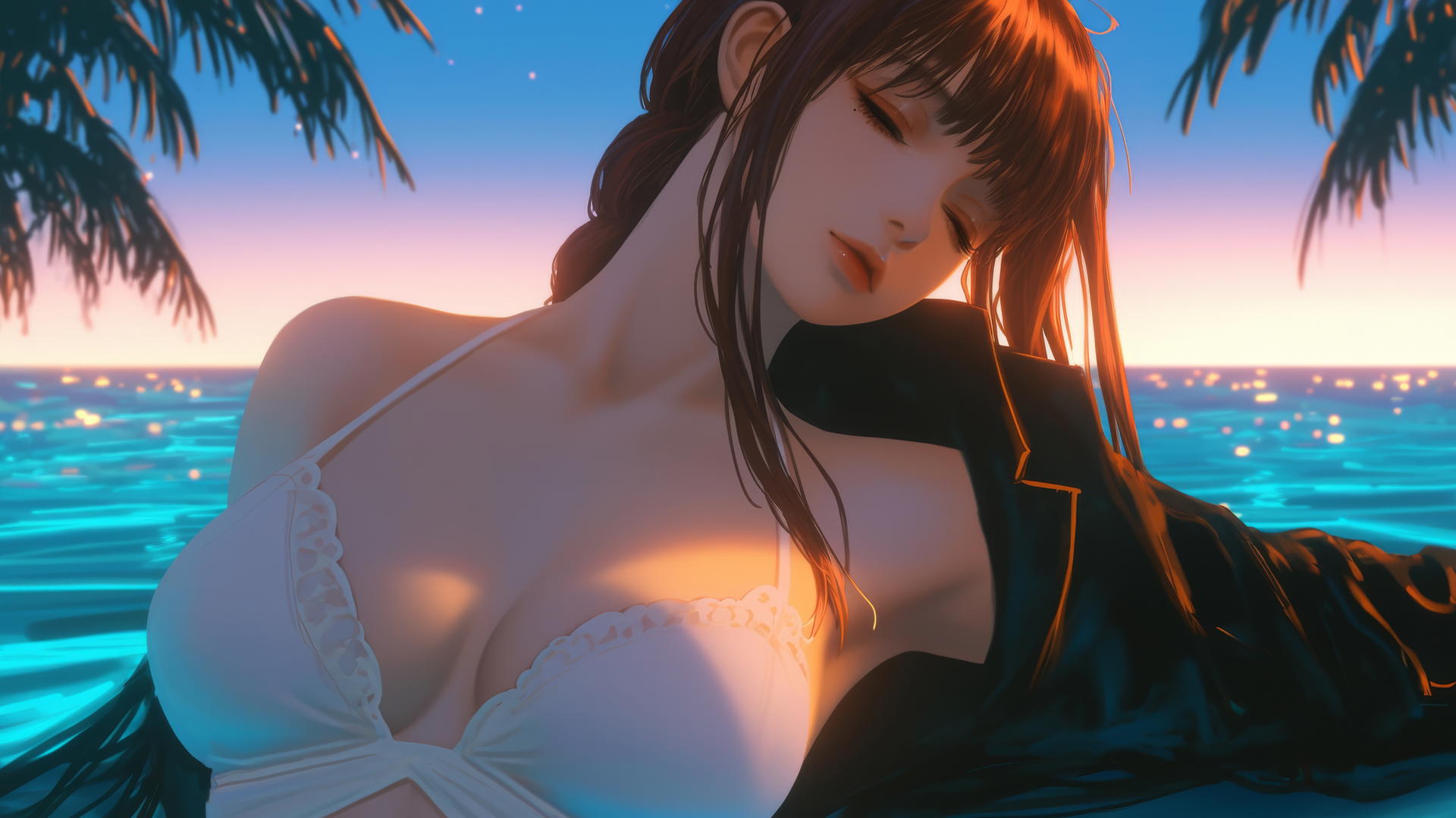 Makima from Chainsaw Man relaxing at sea during a romantic neon sunset.