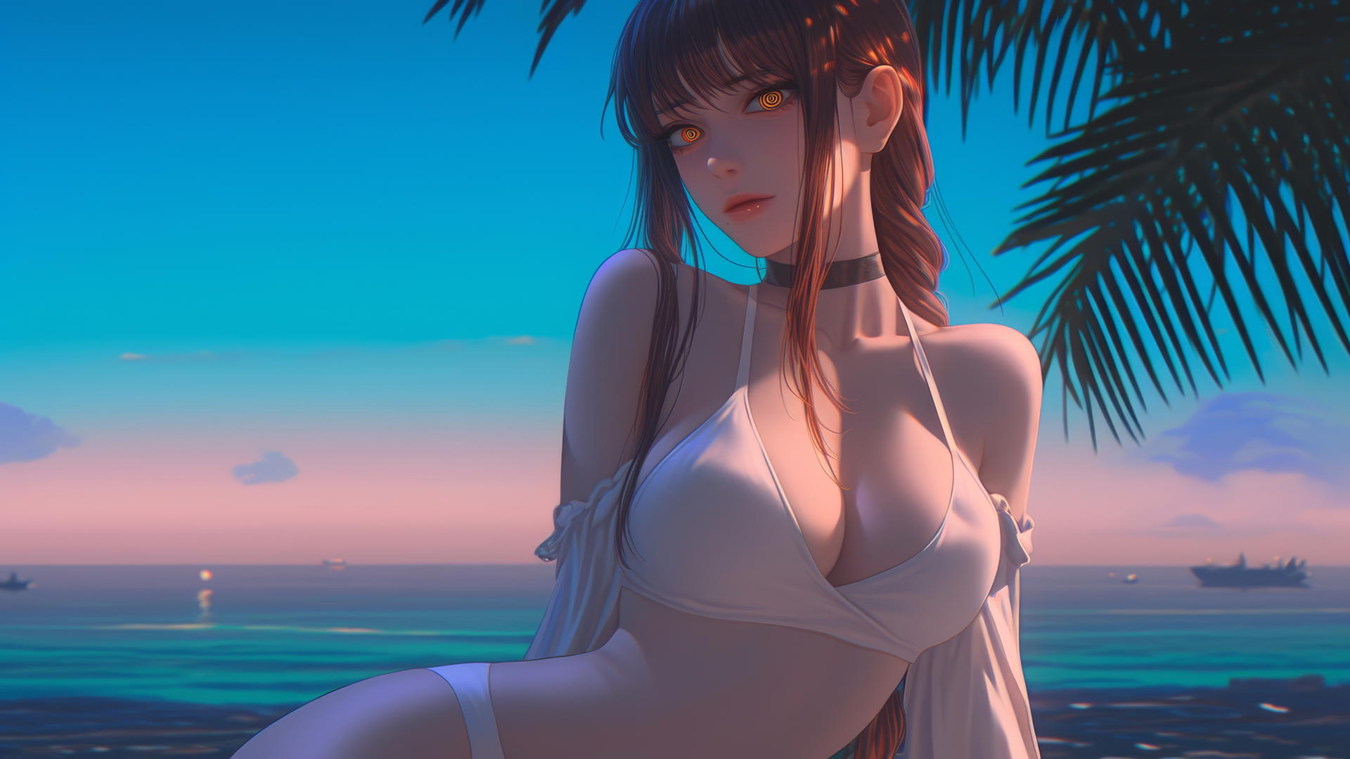 Makima from Chainsaw Man resting at sea during a neon pink sunset.