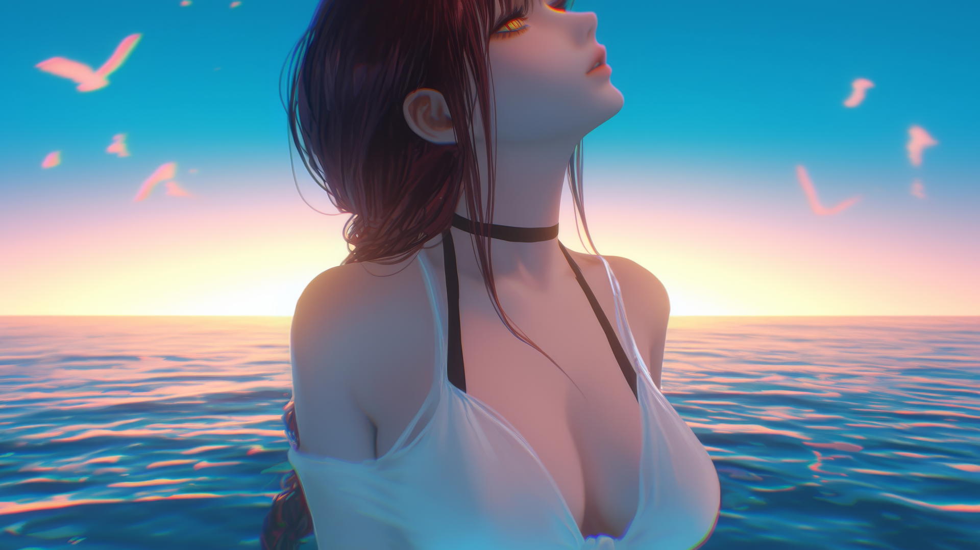 Makima from Chainsaw Man resting at sea at sunset, neon pink sky.