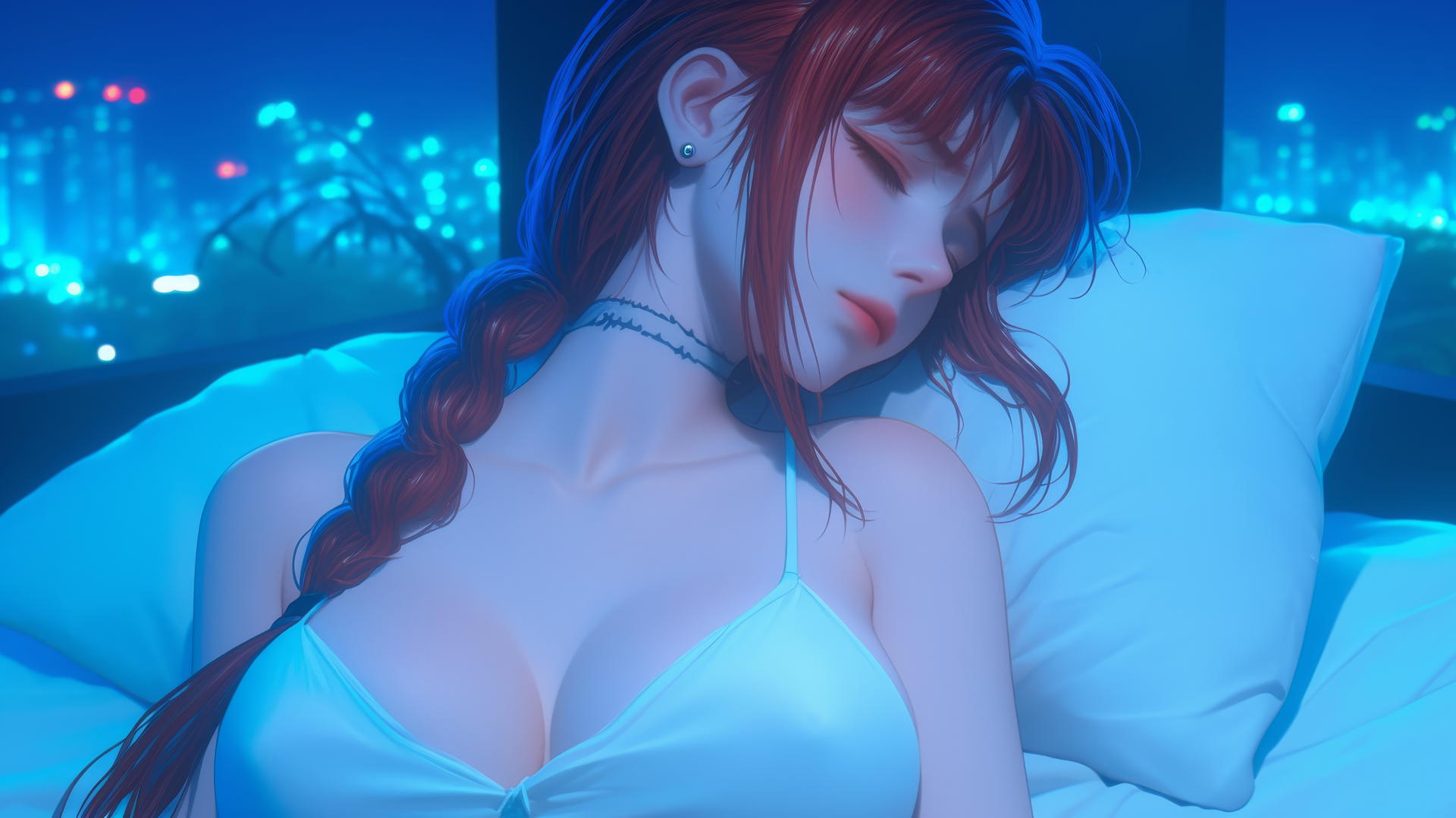 Makima from Chainsaw Man resting in a modern hotel room illuminated by neon light.