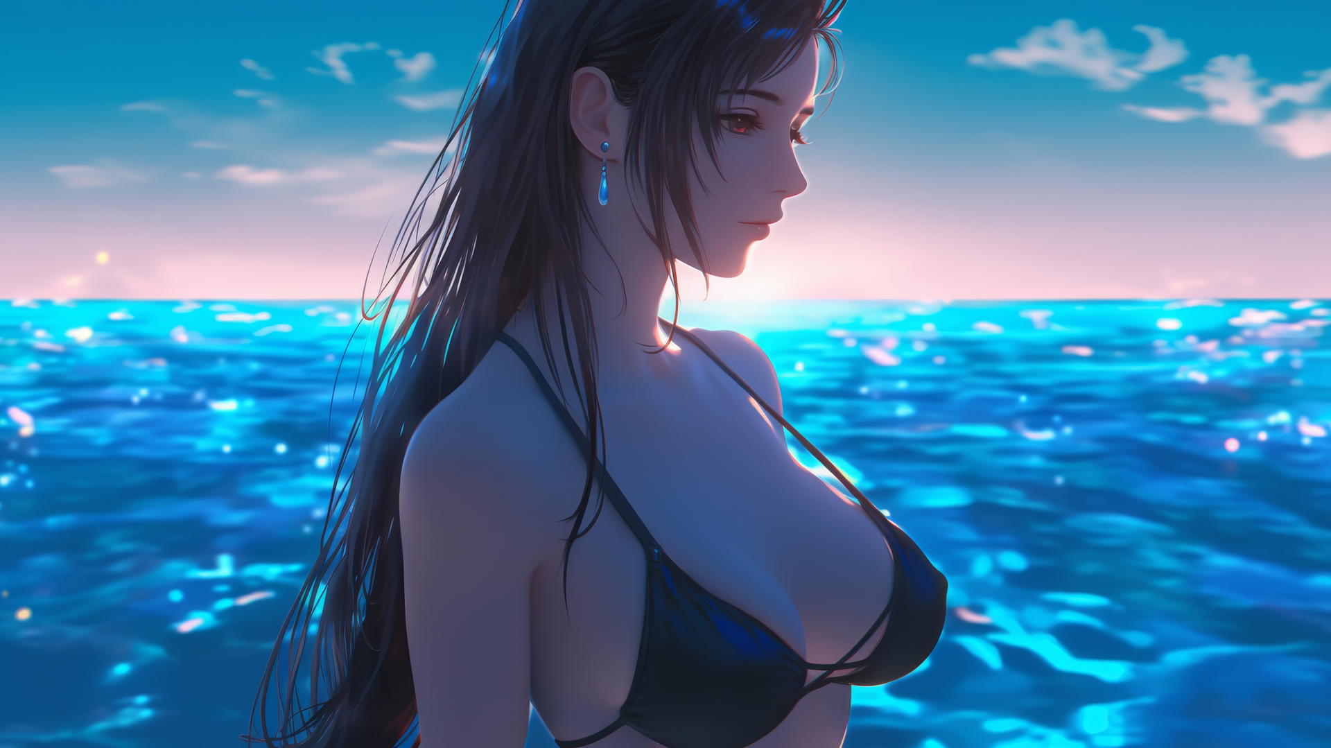 Tifa Lockhart from Final Fantasy resting at sea during a romantic neon pink sunset.