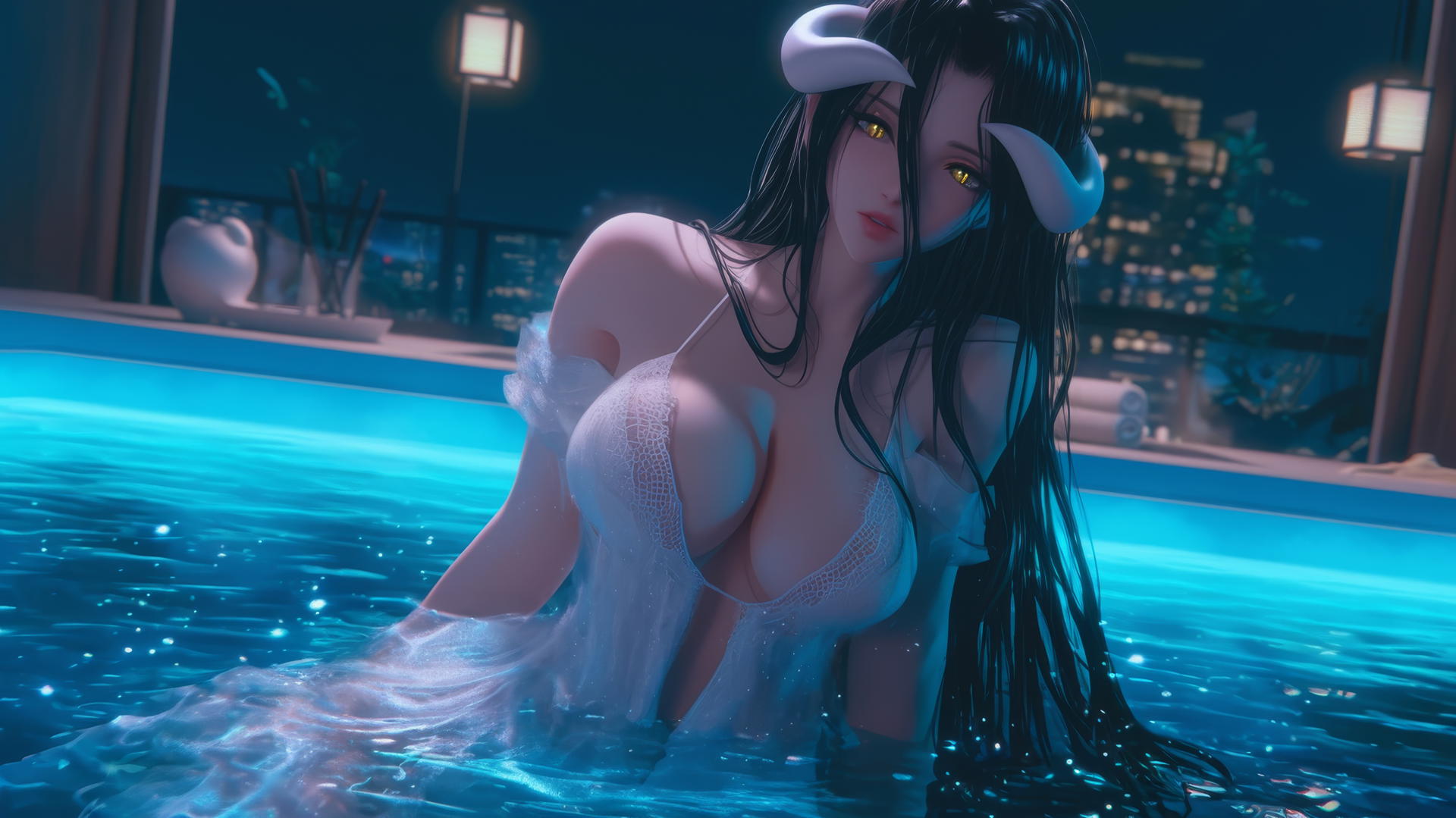 Albedo from Overlord in a modern hotel room tub, warm light glow, golden irises, horns.