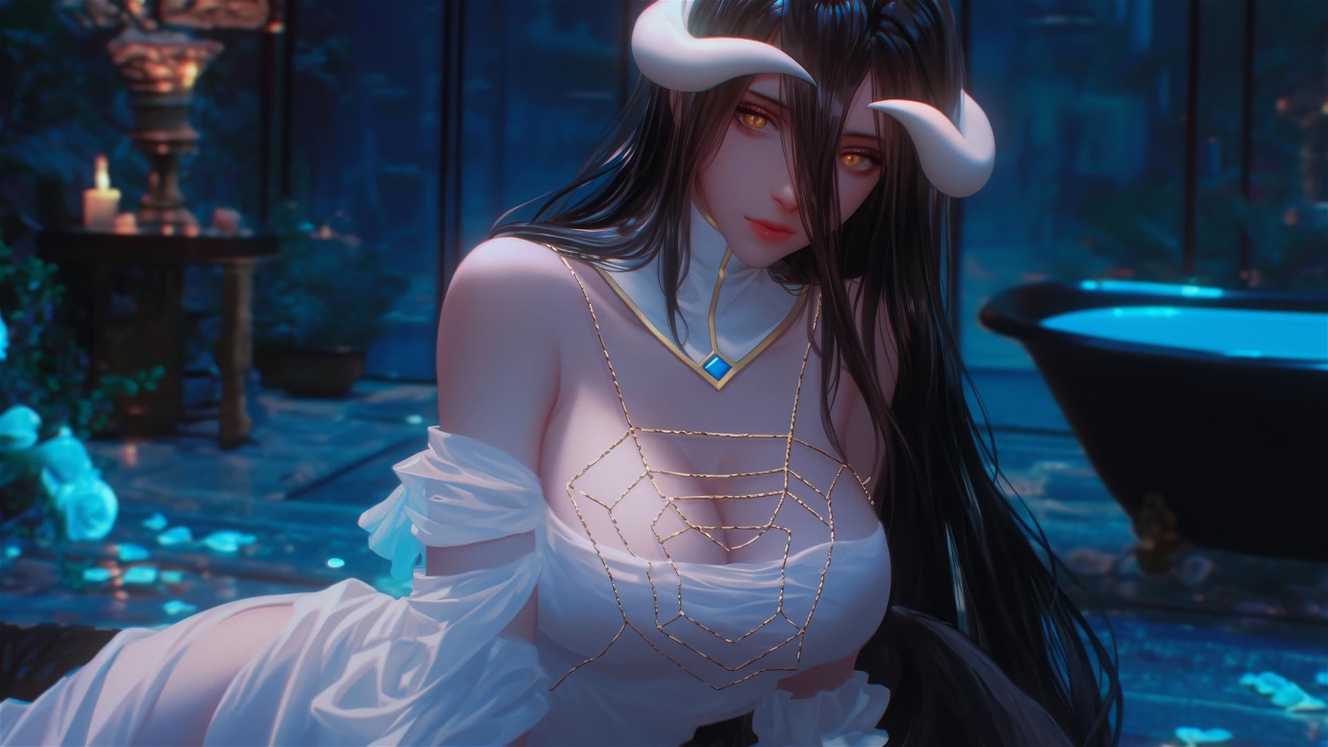 Albedo from Overlord in a modern hotel room tub with warm light, golden irises, and horns.