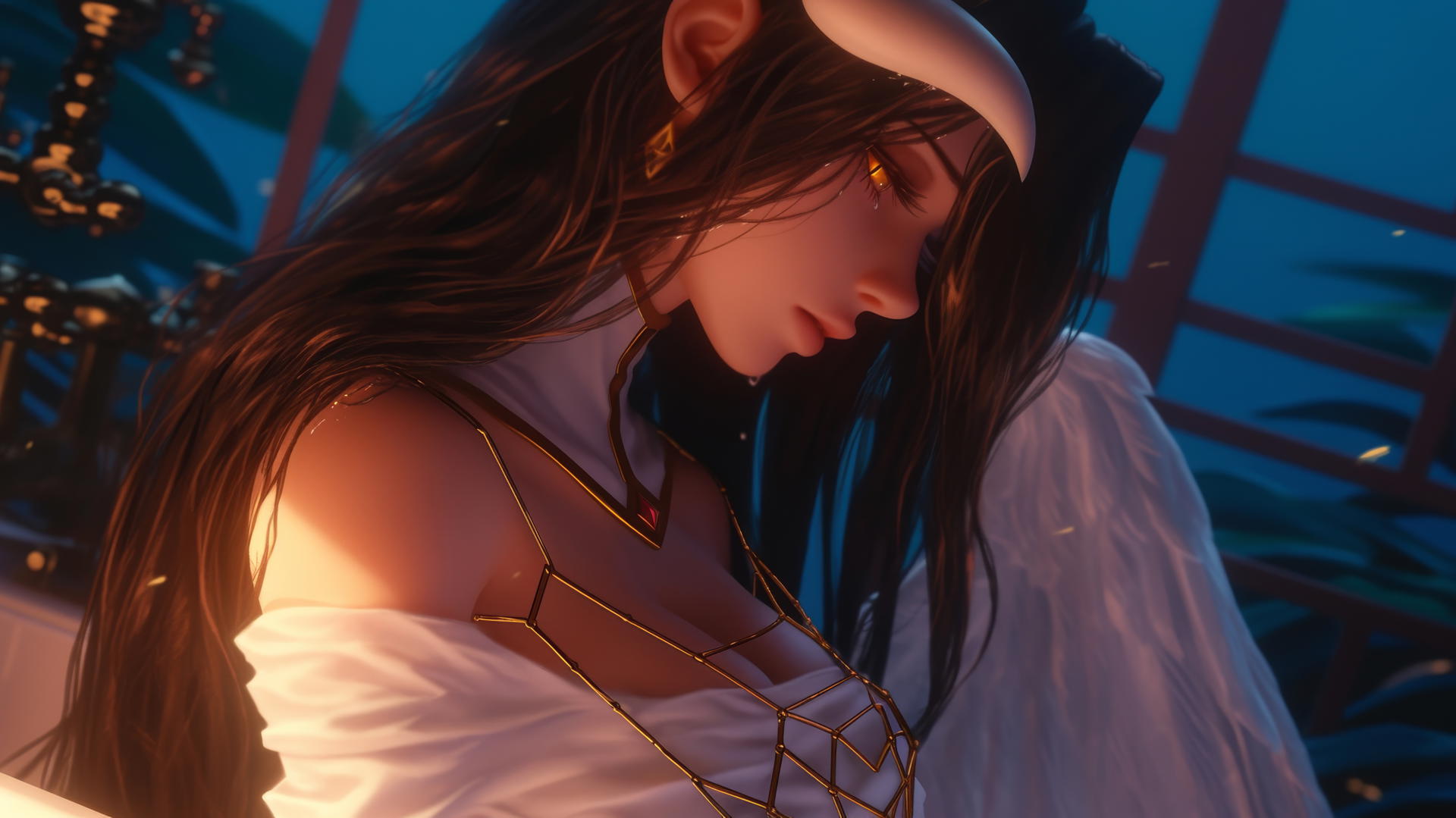 Albedo from Overlord in a modern hotel room bathtub with warm light