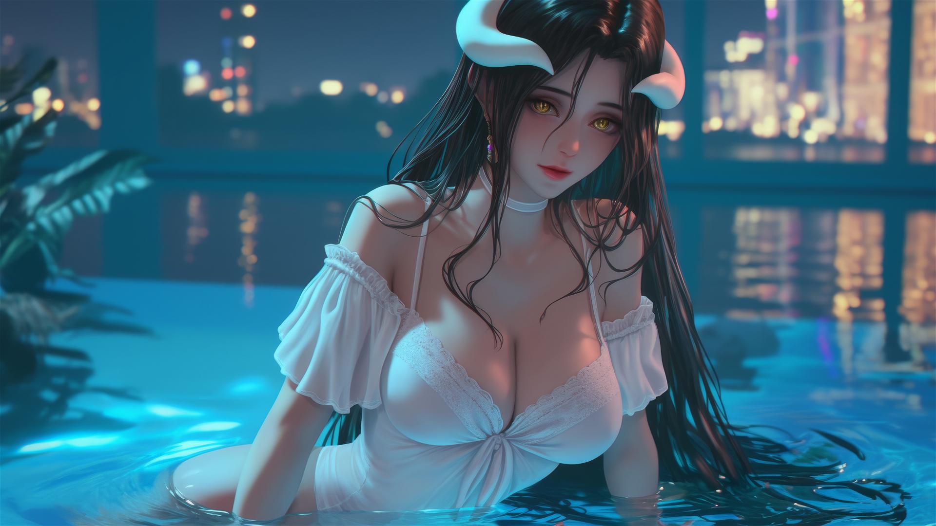 Albedo from Overlord in a modern hotel room with warm light, golden irises, and two thick horns.