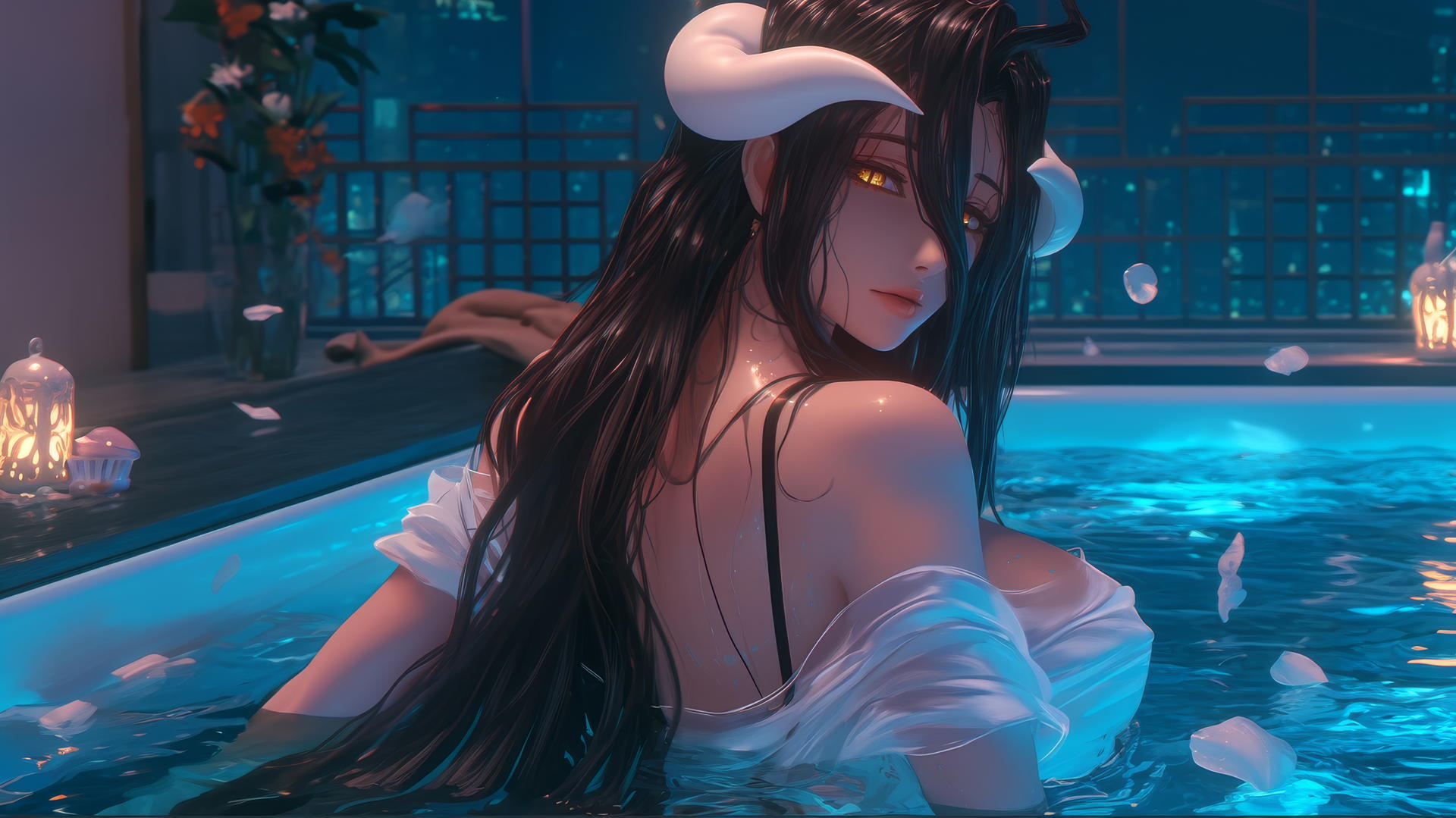 Albedo from Overlord in a modern hotel bathroom with soft warm lighting.