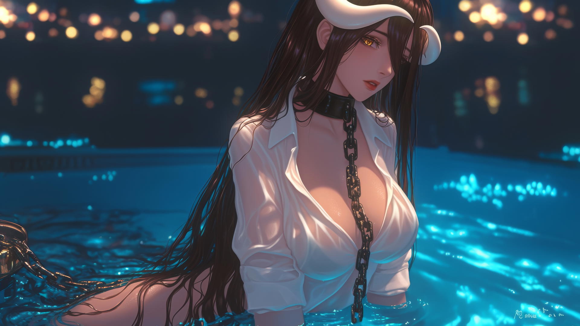 Albedo from Overlord in a modern hotel room, locked with thick iron chains, wearing a white office shirt, warm light glowing on her, golden irises with vertically split pupils, two thick crooked horns on temples.