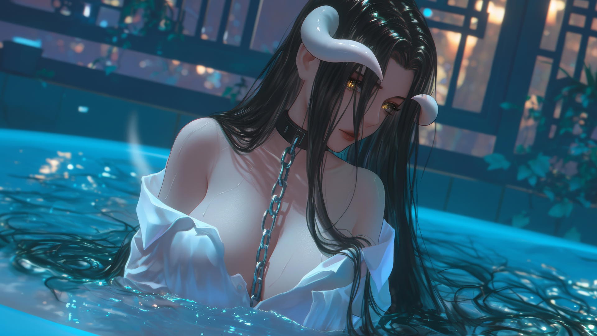 Albedo from Overlord chained, in white office shirt, in modern hotel bathroom