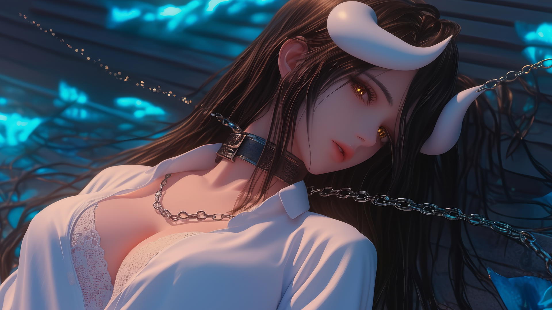 Albedo from Overlord in a white shirt, chained in a modern hotel tub, warm light glow.