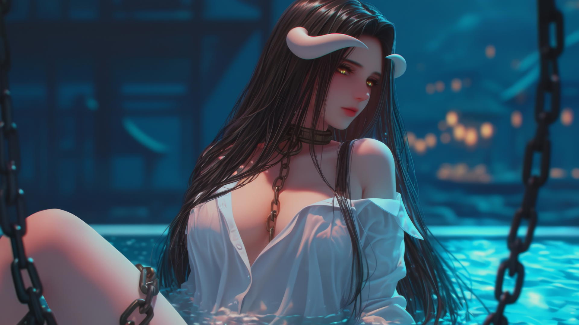Albedo from Overlord in a modern hotel tub, chained, in a white office shirt, under warm light.