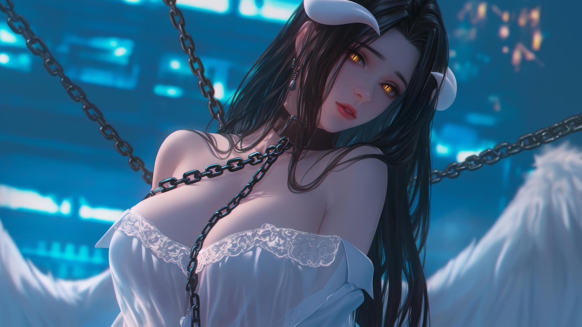 Albedo from Overlord locked in iron chains, in a white office shirt, at a modern hotel room.