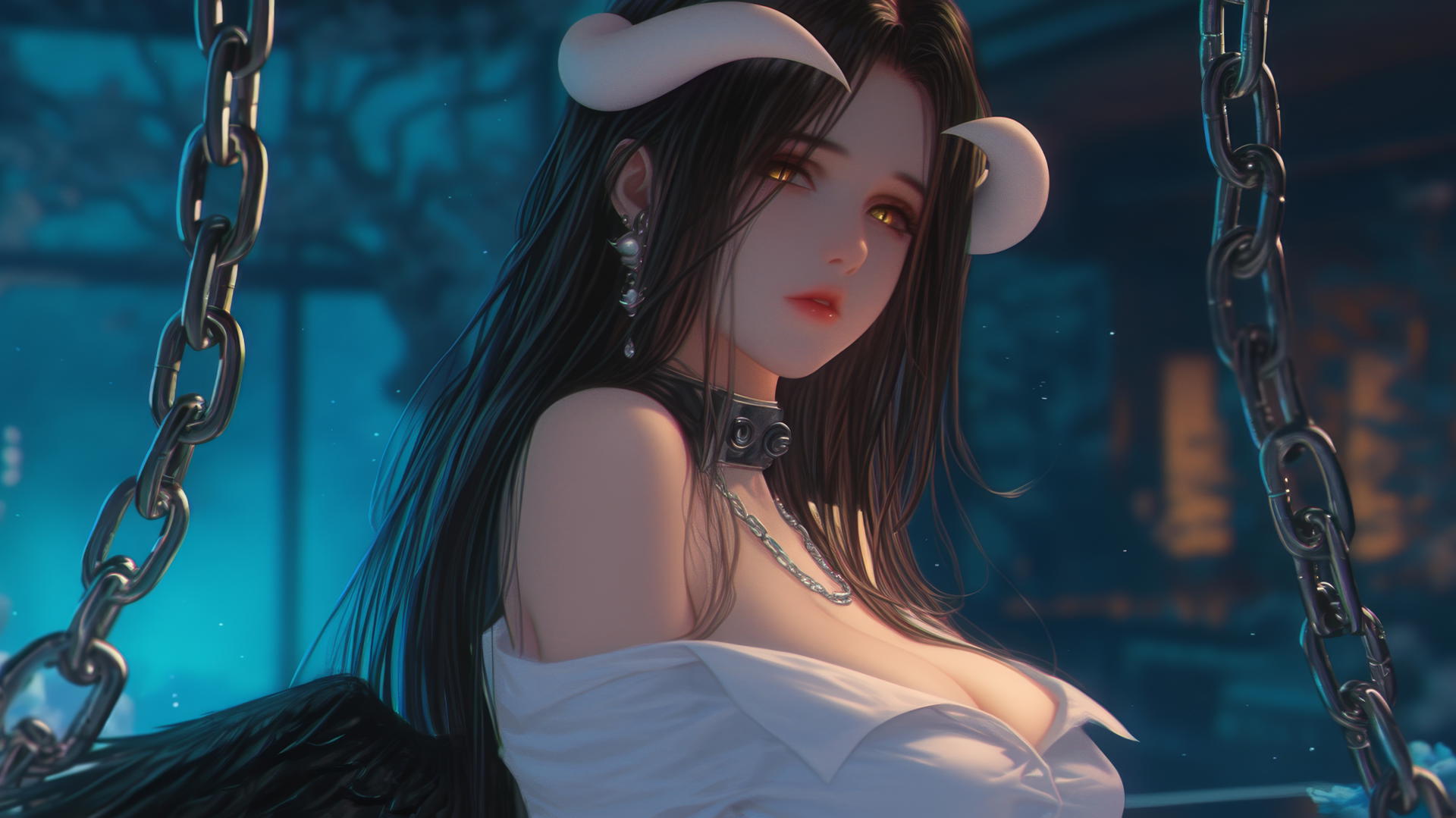 Albedo from Overlord, bound in chains, in a modern hotel room.