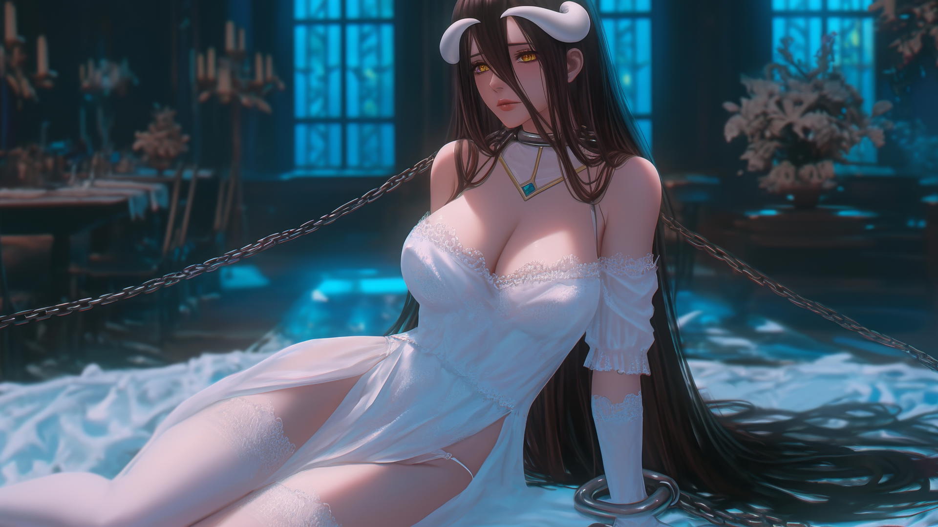 Albedo from Overlord chained in a modern hotel room with warm lighting.
