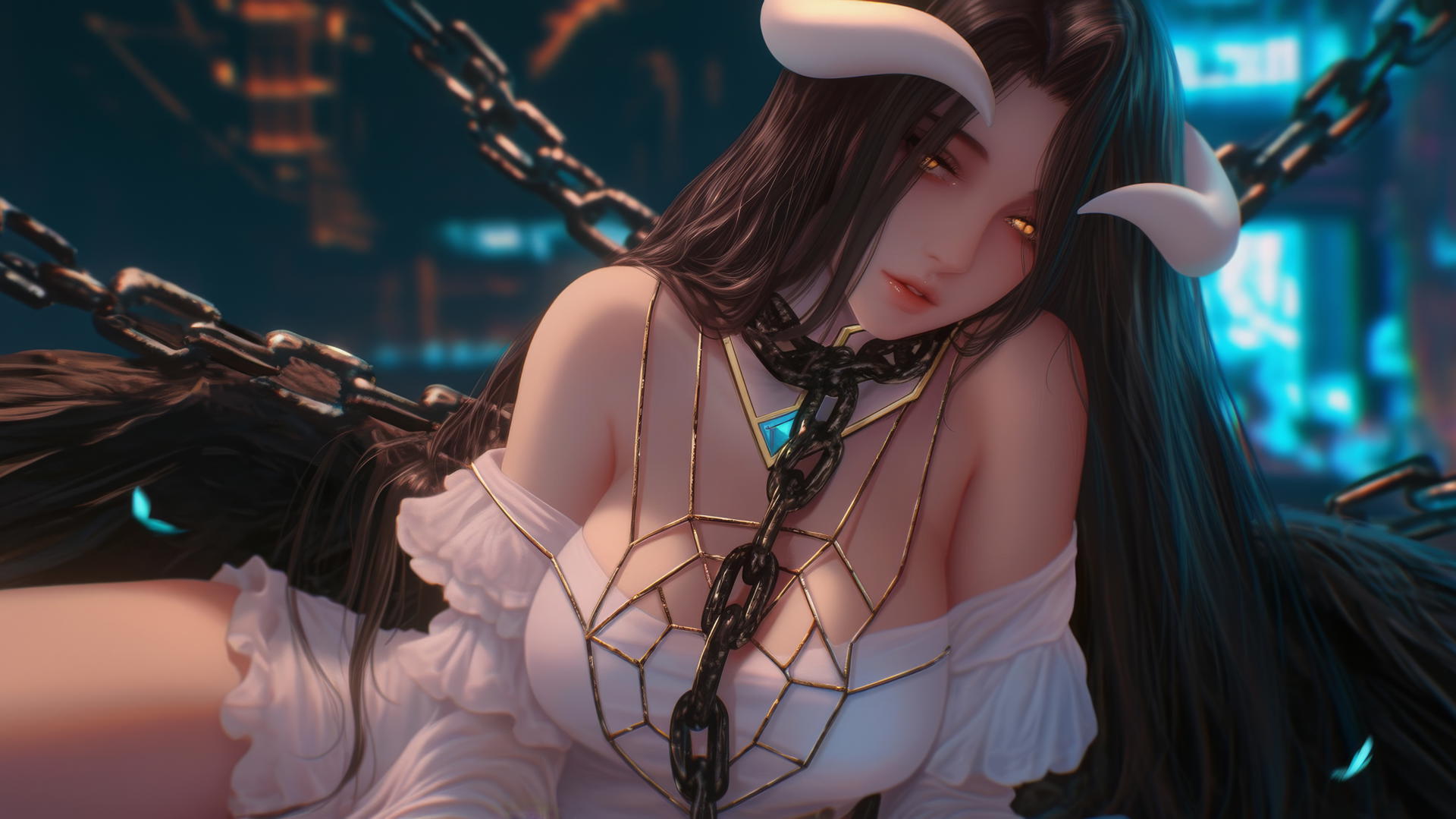 Albedo from Overlord chained in a modern hotel room, with golden eyes, crooked horns, and warm lighting.