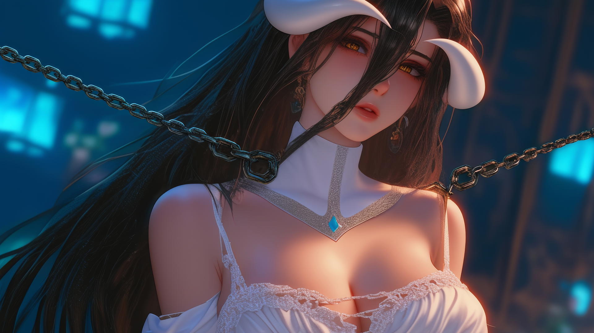 Albedo from Overlord in chains in a hotel room with warm lighting