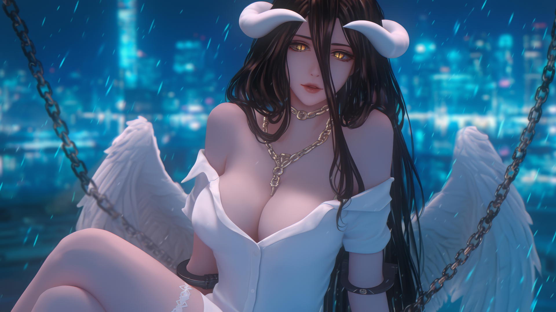 Albedo from Overlord locked in chains, wearing a white shirt in a modern hotel room